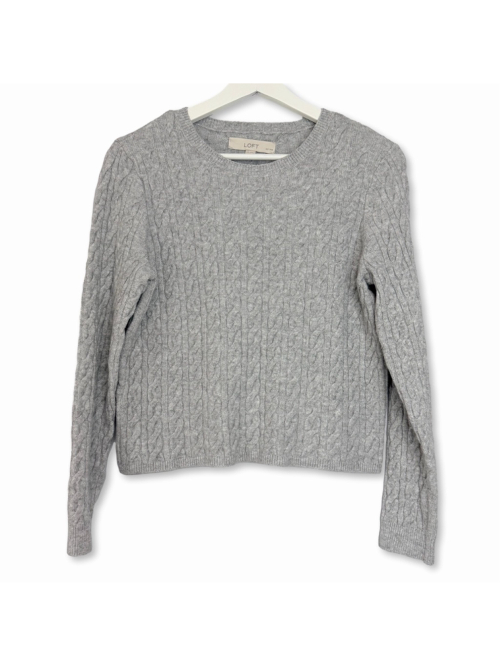 LOFT Gray Cable Knit Crew Neck Pullover Sweater Petite Medium
